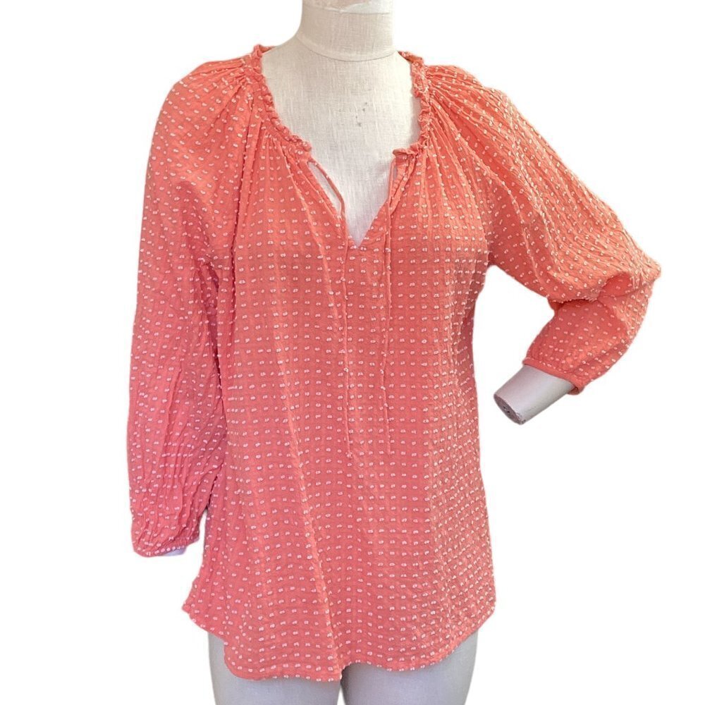 LOFT Cotton Textured-Swiss Dot Peasant Blouse Sz L Coral 36P